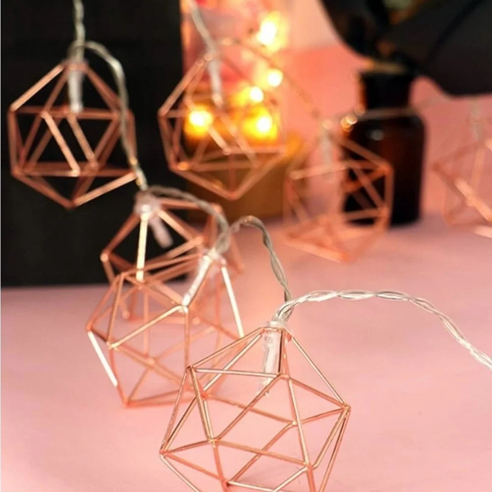 Metal String Lights, 10ft 20LED Rose Gold Metal Geometric Lights Battery Powered